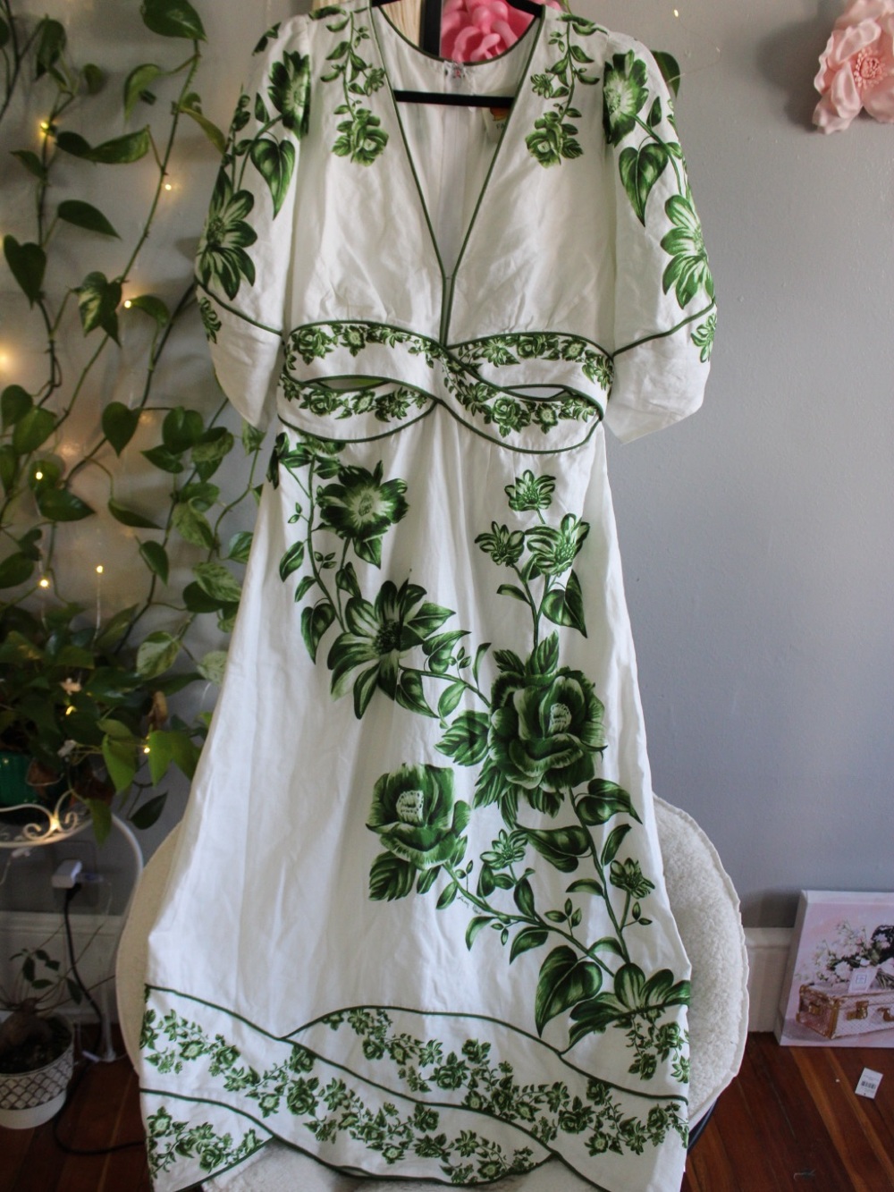 FARM Rio Green Floral Cascade Midi Dress Large | Linen Blend | MSRP $320